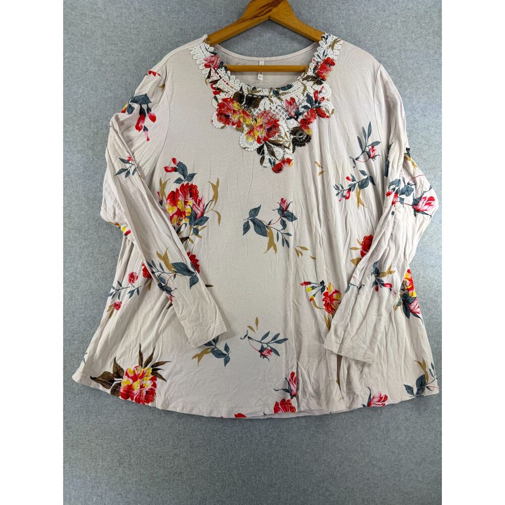 Cathy 3XL Floral Lace Crochet Neck Long Sleeve Plus Size Tunic Top 3491